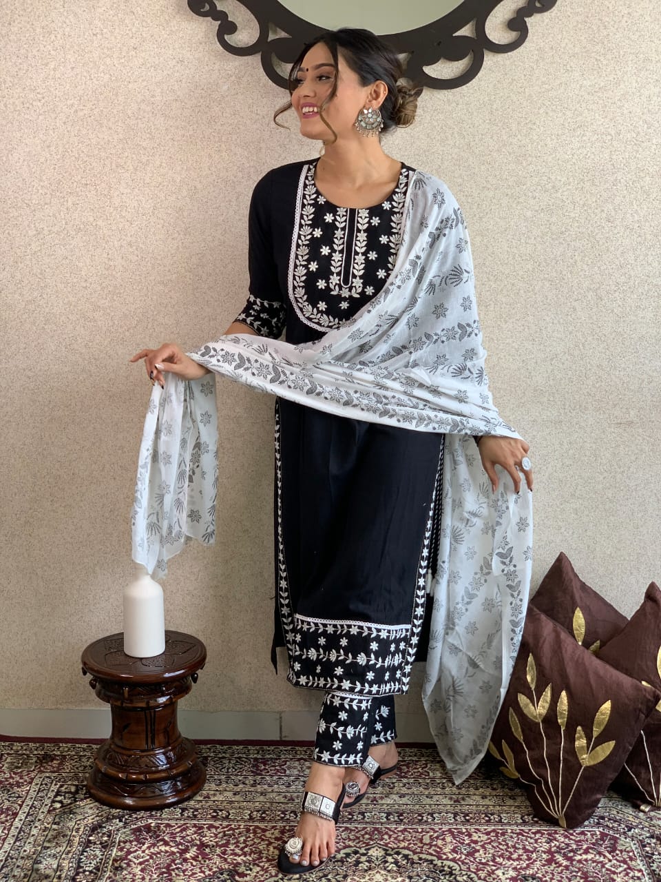 Chikankari Cotton Kurta With Self Hand Embroidery Work And Printed Dupatta Set