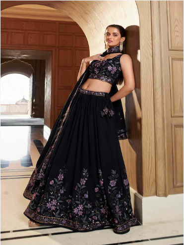 Embroidered Semi-Stitched Navy Blue Lehenga & Unstitched Blouse With Dupatta