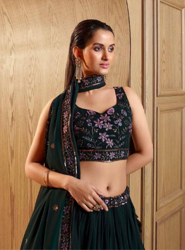 Embellished Sequined Semi-Stitched Teal Green Lehenga & Unstitched Blouse With Dupatta