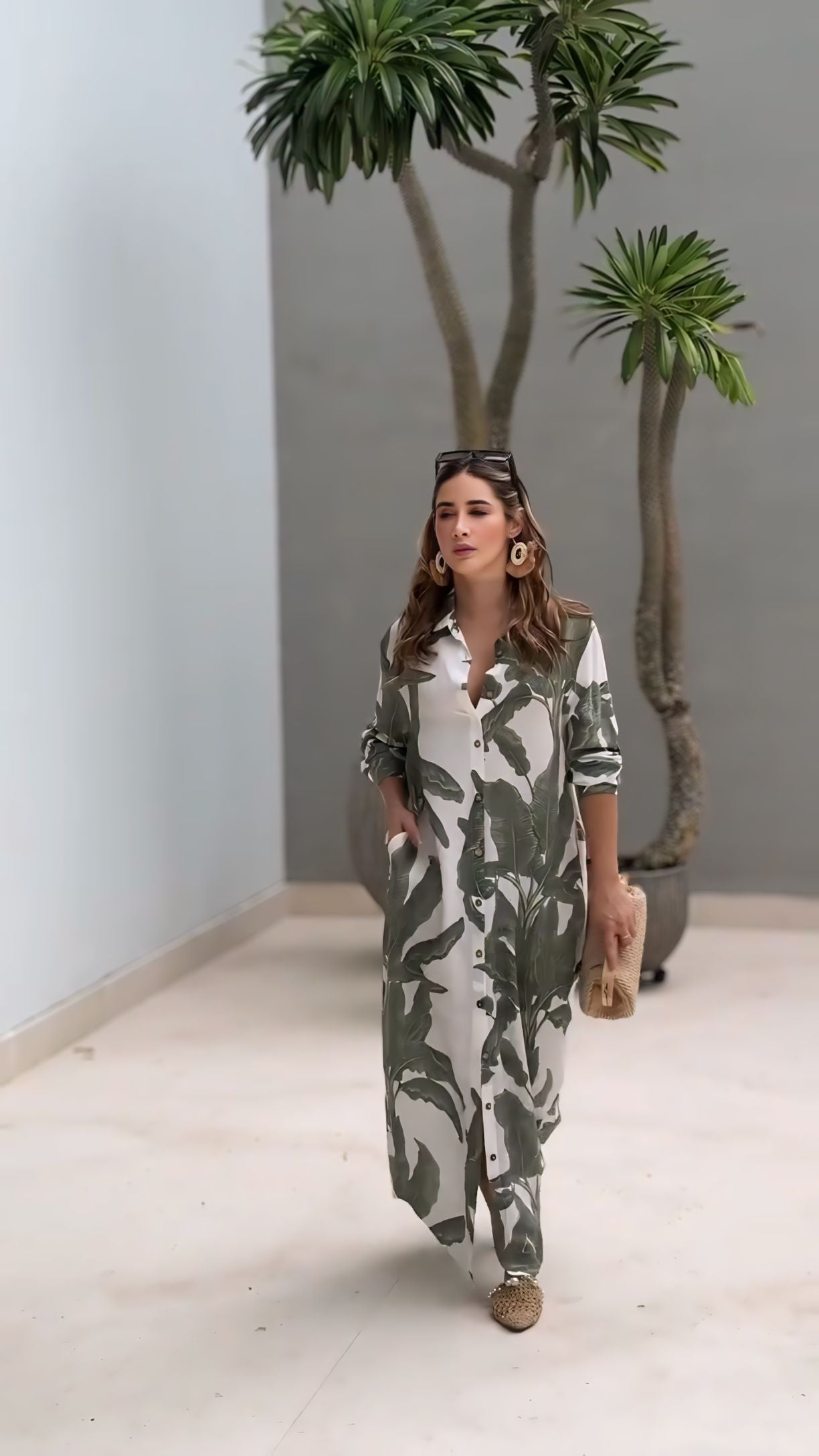 Effortless Elegance: Tropical-Inspired Maxi Shirt Dress