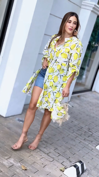 Fresh & Stylish: Lemon Print Shirt Dress with Denim