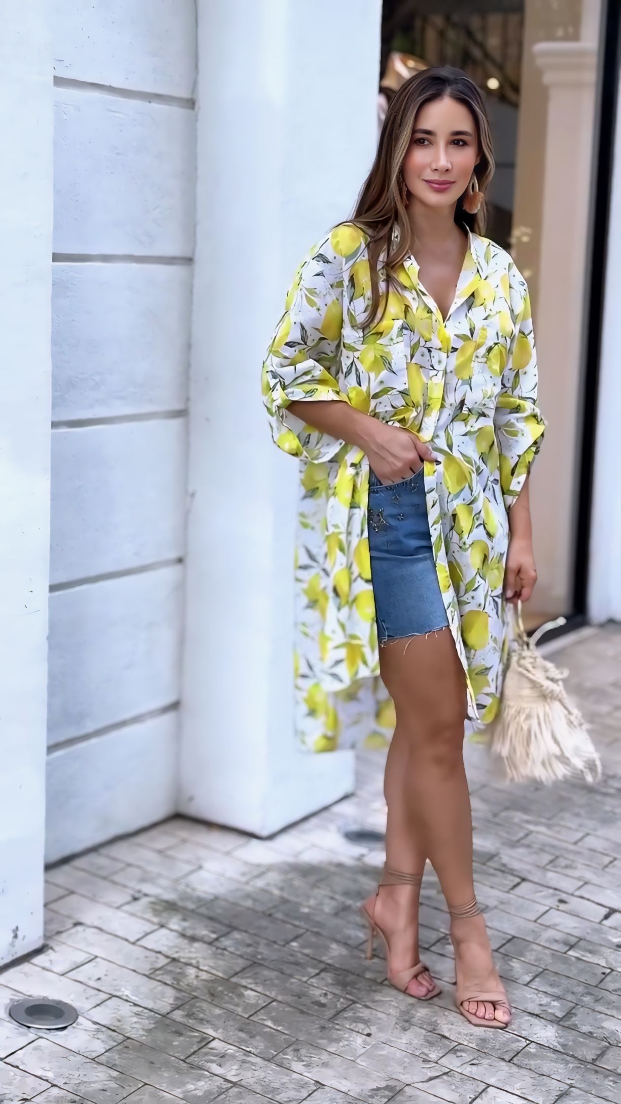 Fresh & Stylish: Lemon Print Shirt Dress with Denim