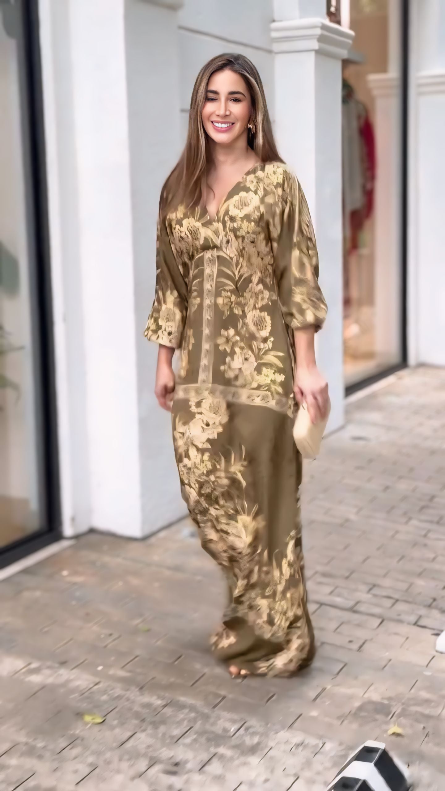 Golden Elegance: Flowing Floral Maxi One Piece Dress