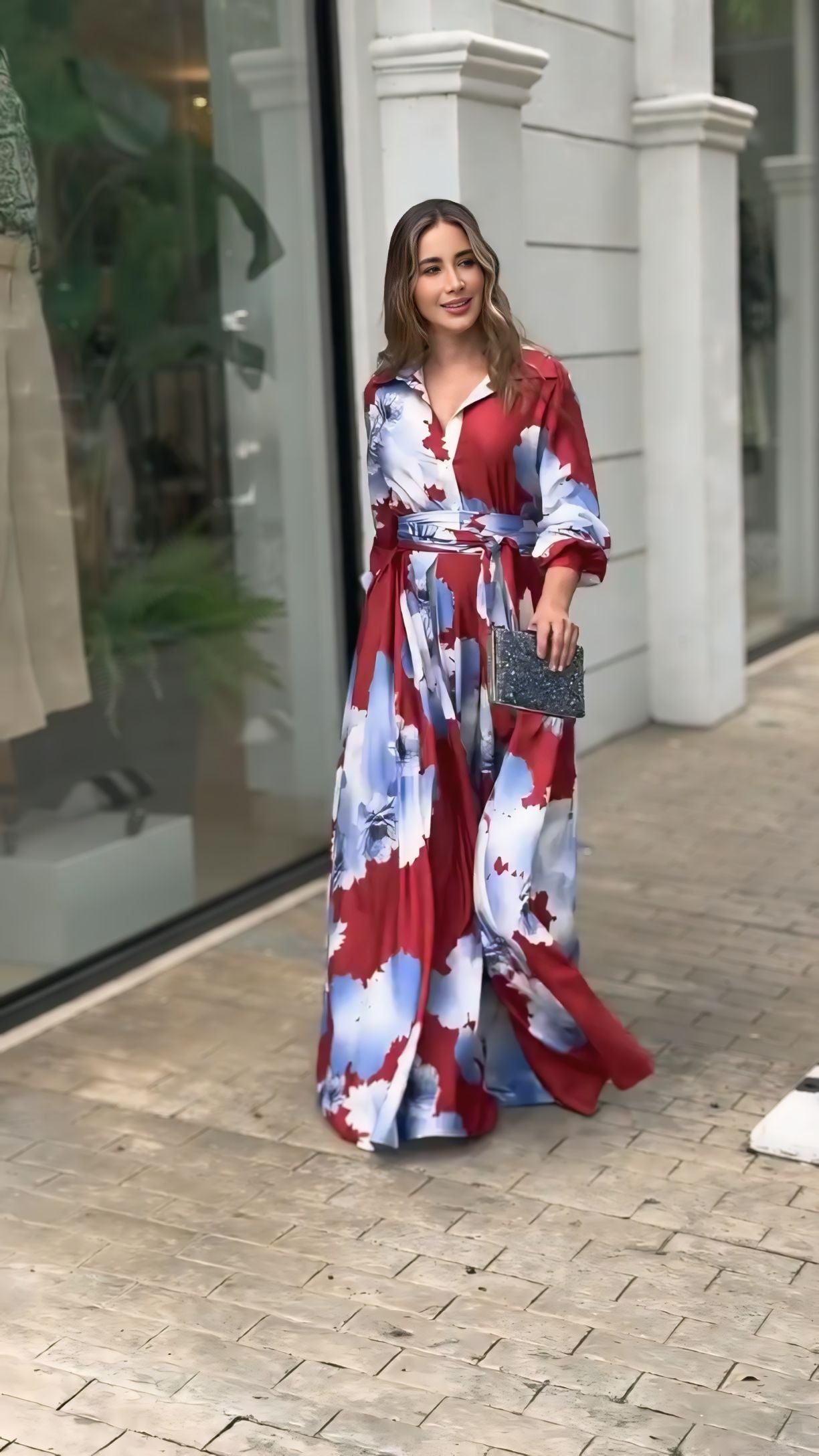 Red & Blue Abstract Printed Maxi Dress