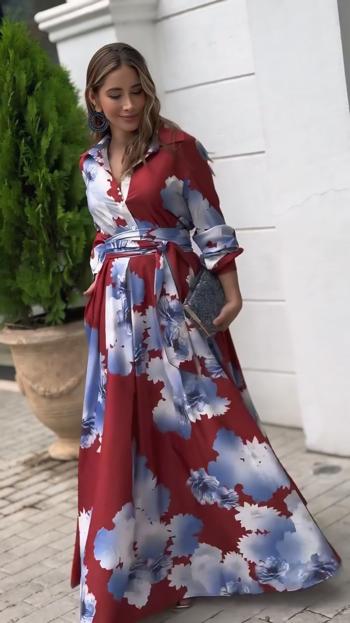 Red & Blue Abstract Printed Maxi Dress