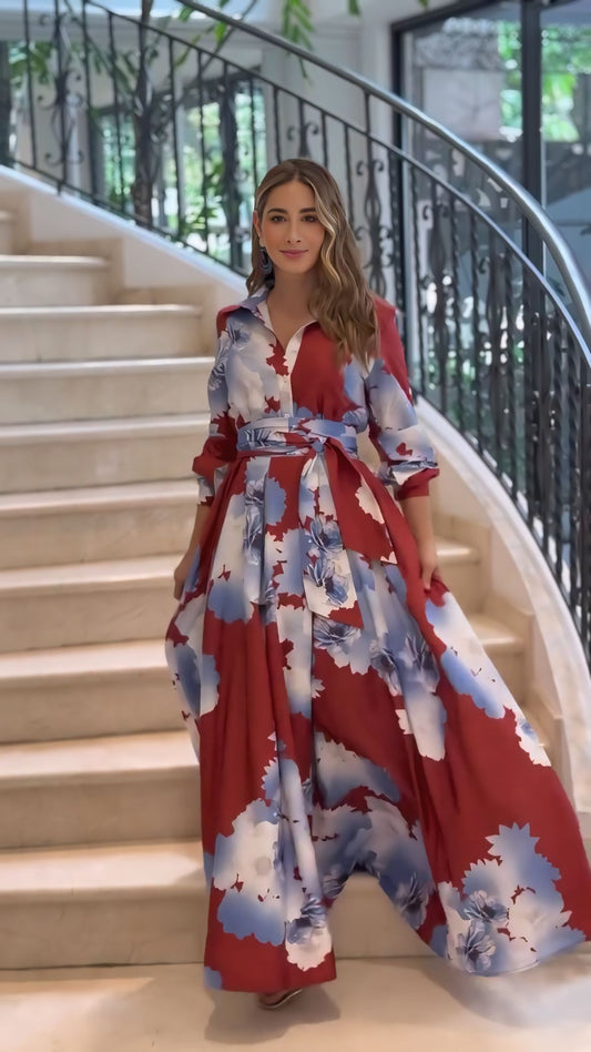 Red & Blue Abstract Printed Maxi Dress