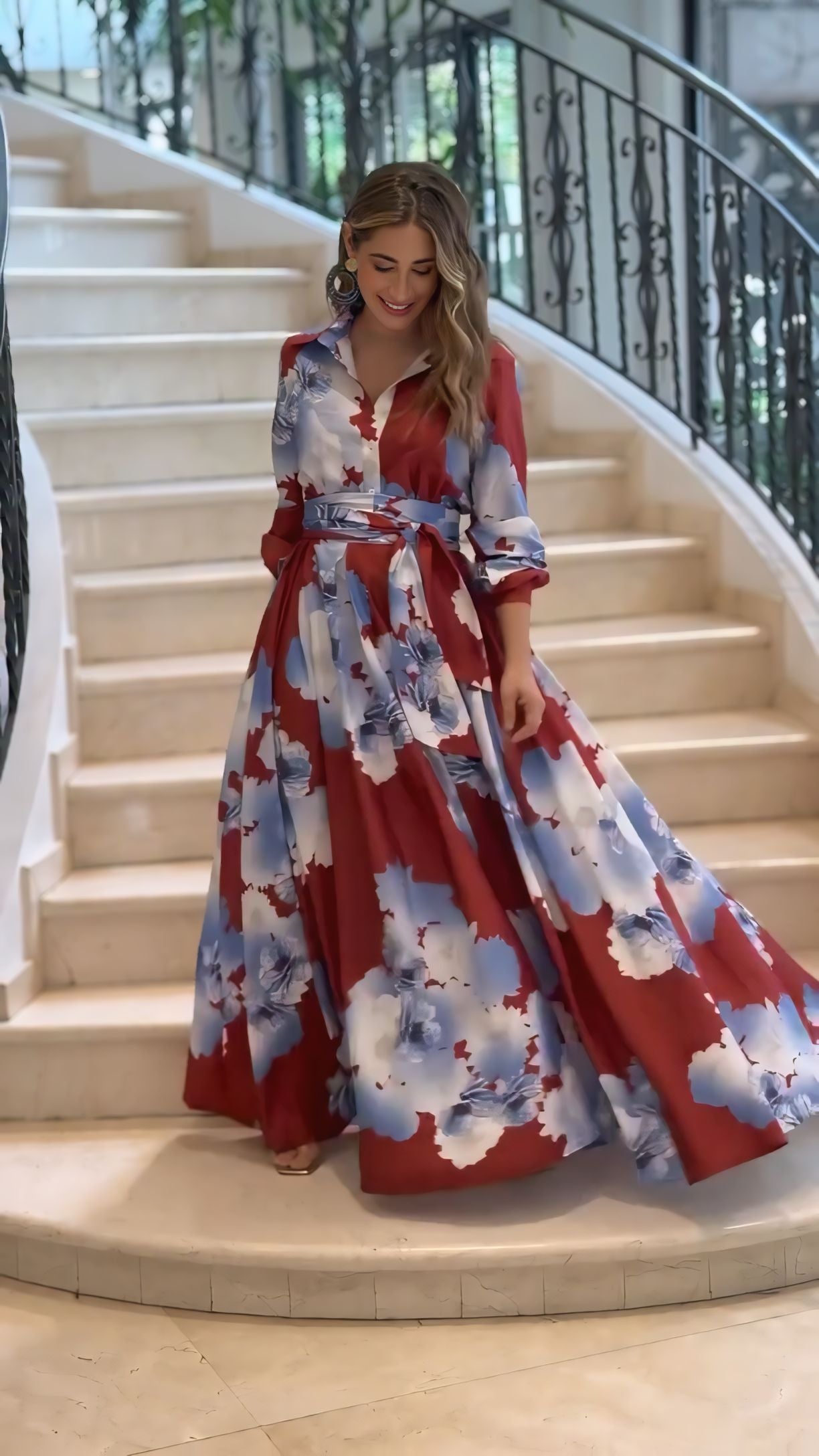 Red & Blue Abstract Printed Maxi Dress