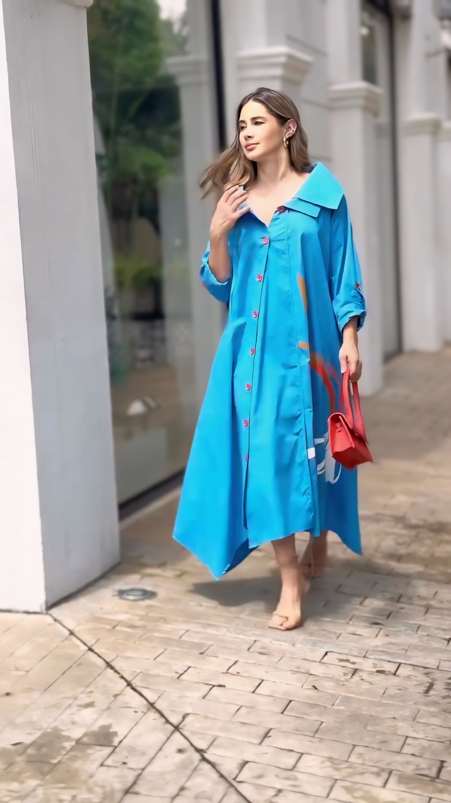 Chic in Blue: Effortless Elegance with a Pop of Red Dress