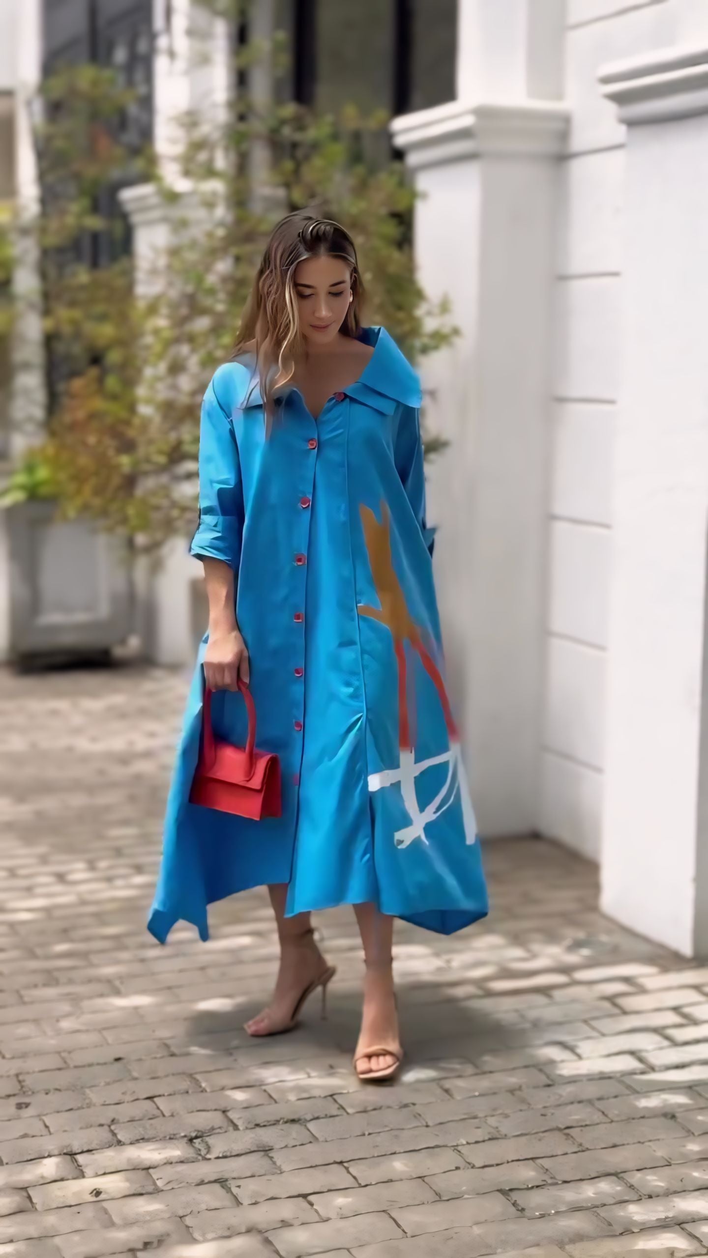 Chic in Blue: Effortless Elegance with a Pop of Red Dress