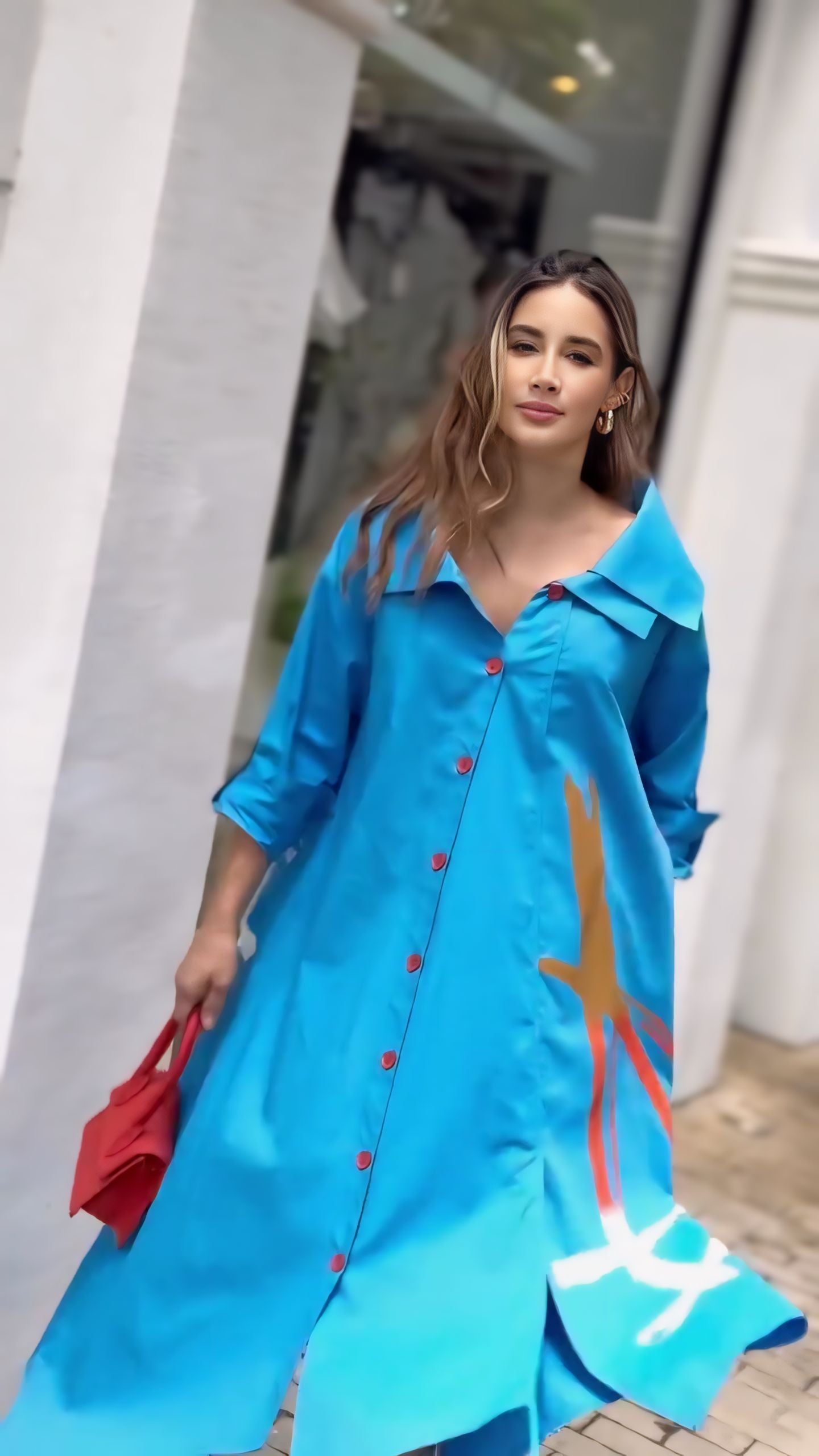 Chic in Blue: Effortless Elegance with a Pop of Red Dress