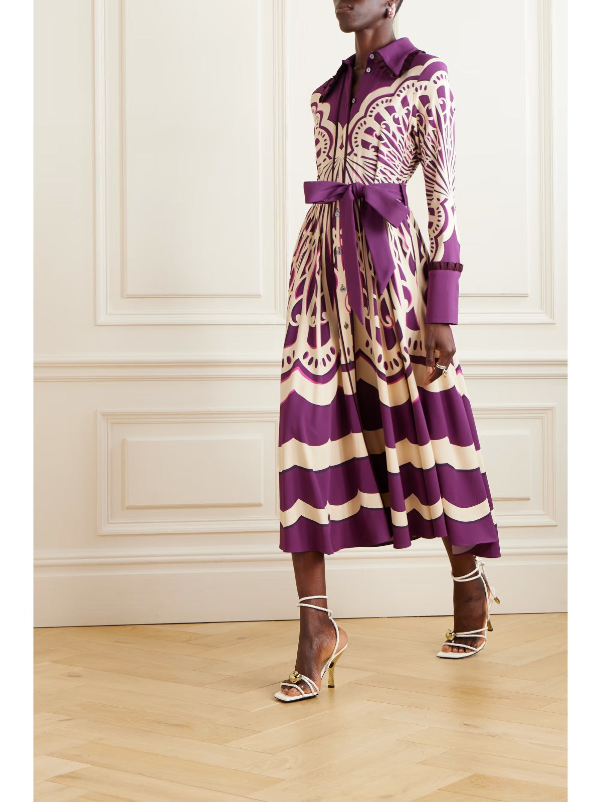 Regal Charm: Purple Patterned Shirt Dress with Bold Elegance