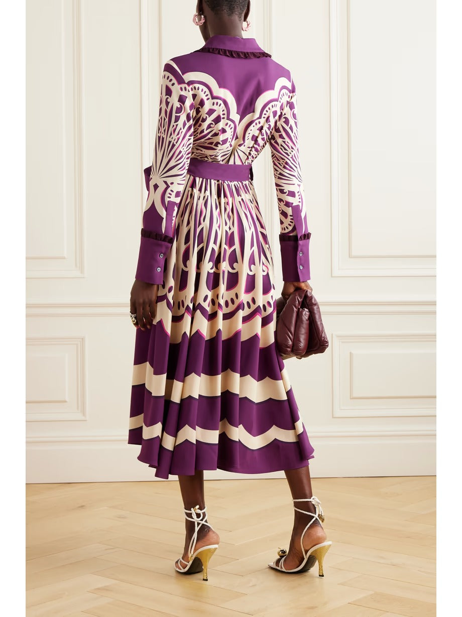 Regal Charm: Purple Patterned Shirt Dress with Bold Elegance