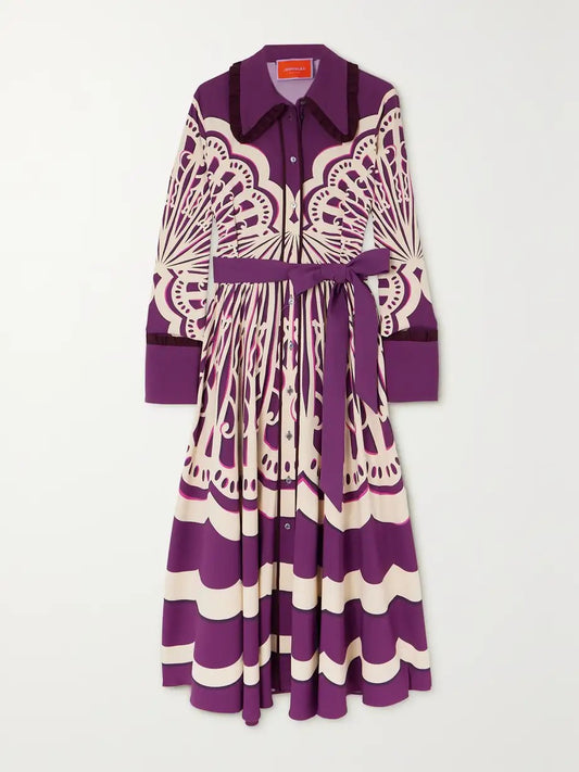 Regal Charm: Purple Patterned Shirt Dress with Bold Elegance