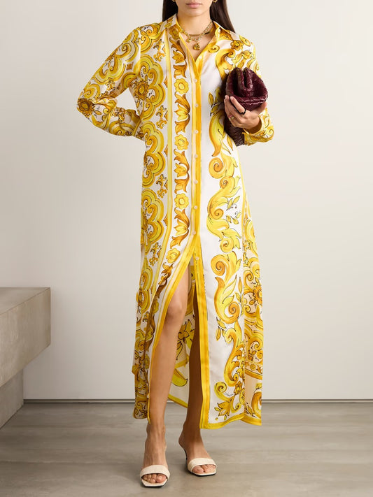 Golden Baroque Print Maxi Shirt Dress – Timeless Elegance in Motion