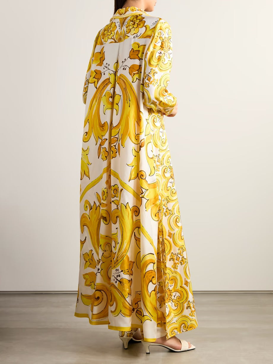 Golden Baroque Print Maxi Shirt Dress – Timeless Elegance in Motion