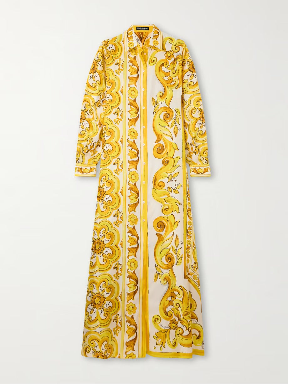 Golden Baroque Print Maxi Shirt Dress – Timeless Elegance in Motion