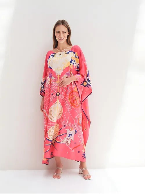 Vibrant Pink Artistic Kaftan – A Fusion of Elegance and Bold Design