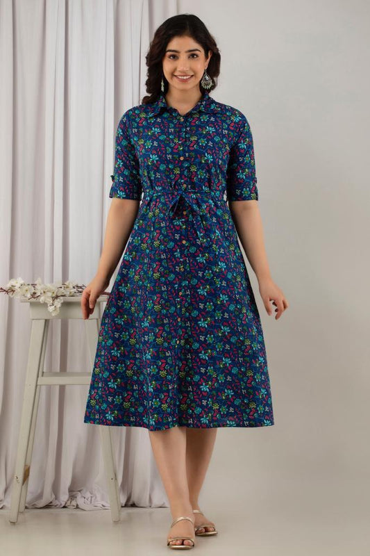 Beautiful Women's Blue Style flowers Print Dress