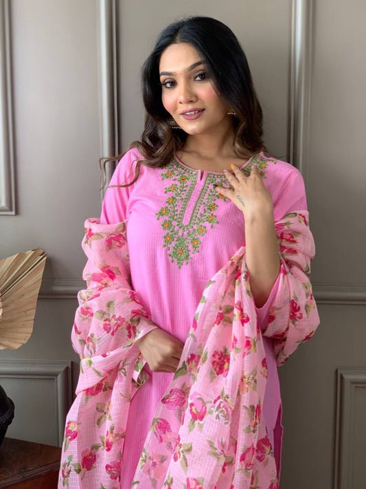 Baby Pink Embroidered Kurta Set With Digital Printed Dupatta
