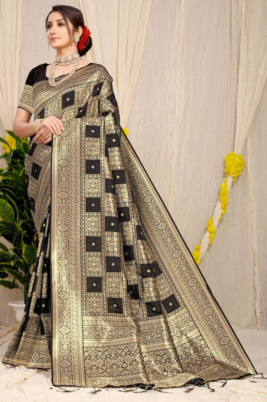 Black Kanchipuram Pure silk saree with Jari weaving work