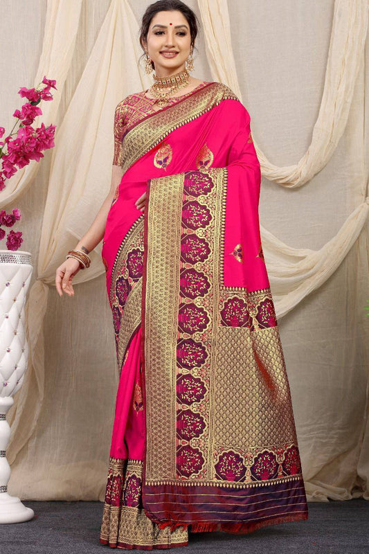 Pink Pure Silk With gold Jari and Meena work Kanchipuram Saree