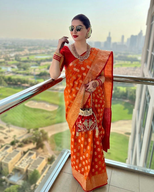 Orange Banarasi Saree With Lichi Silk Fab