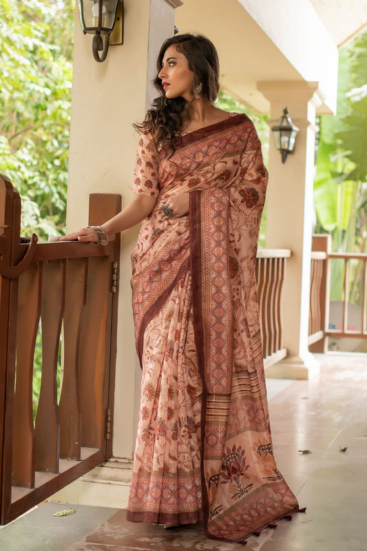 Orange Soft Linen Cotton Saree With Beautiful Digital Print And Zari Lining Pallu