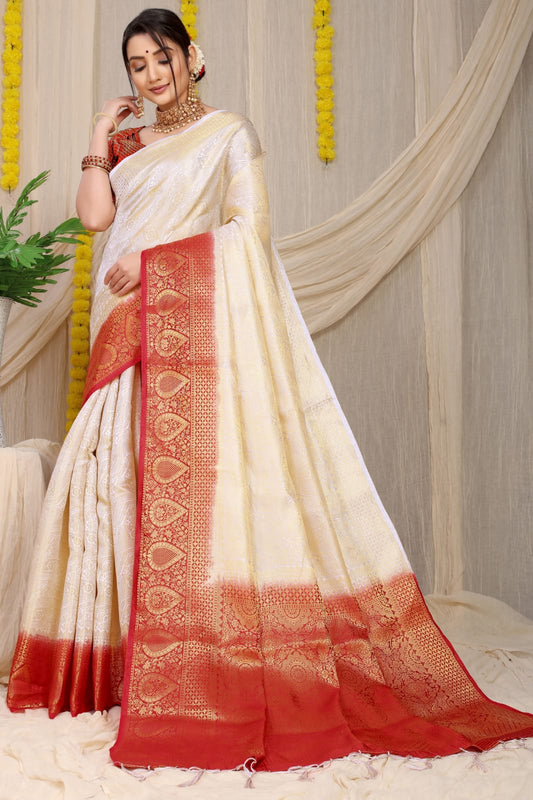 Cream Pure Soft Silk Saree With Hand dying Soft Luxurious Fabric.