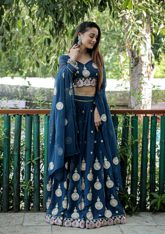 Royal Blue  Embroidered Faux Georgette Party Wear Lehenga Choli