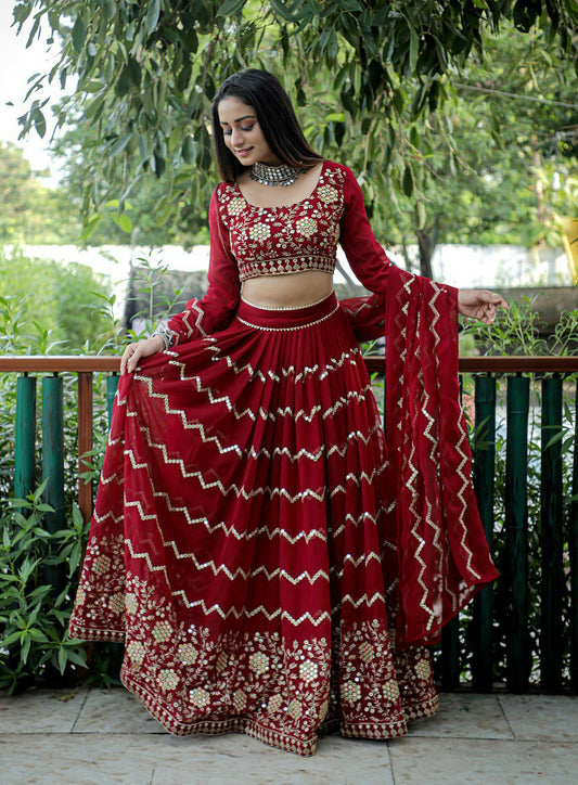 Maroon Embroidered Faux Georgette Party Wear Lehenga Choli