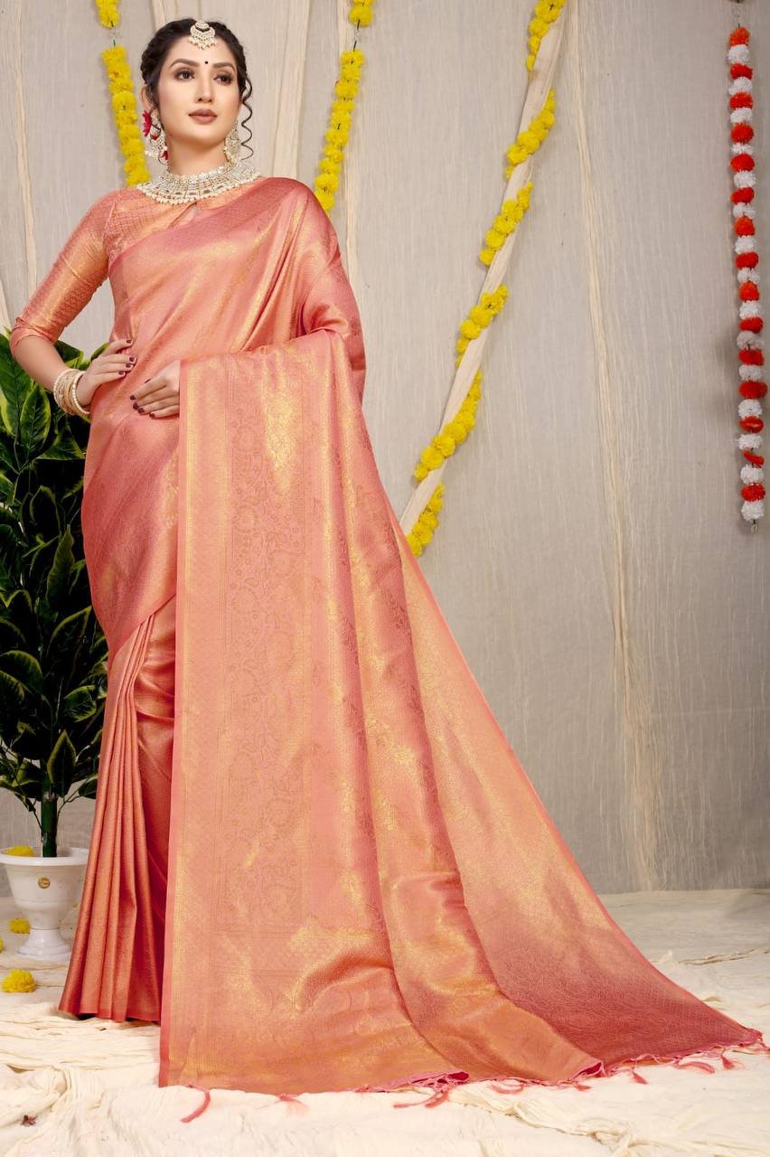 Orange Bridal Kanchipuram Silk Sarees In Pure Gold Zari