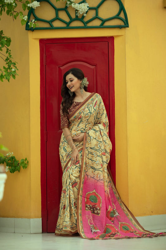 Lemon Yeloow Linen Cotton Pichwai Print  Saree