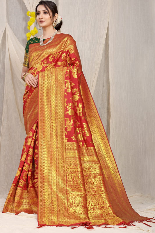 Red Pure silk saree with gold Jari weaving work