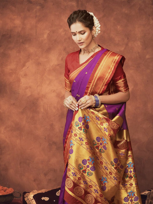 Purple Beautiful Rahi Paithani Saree With Jari Work