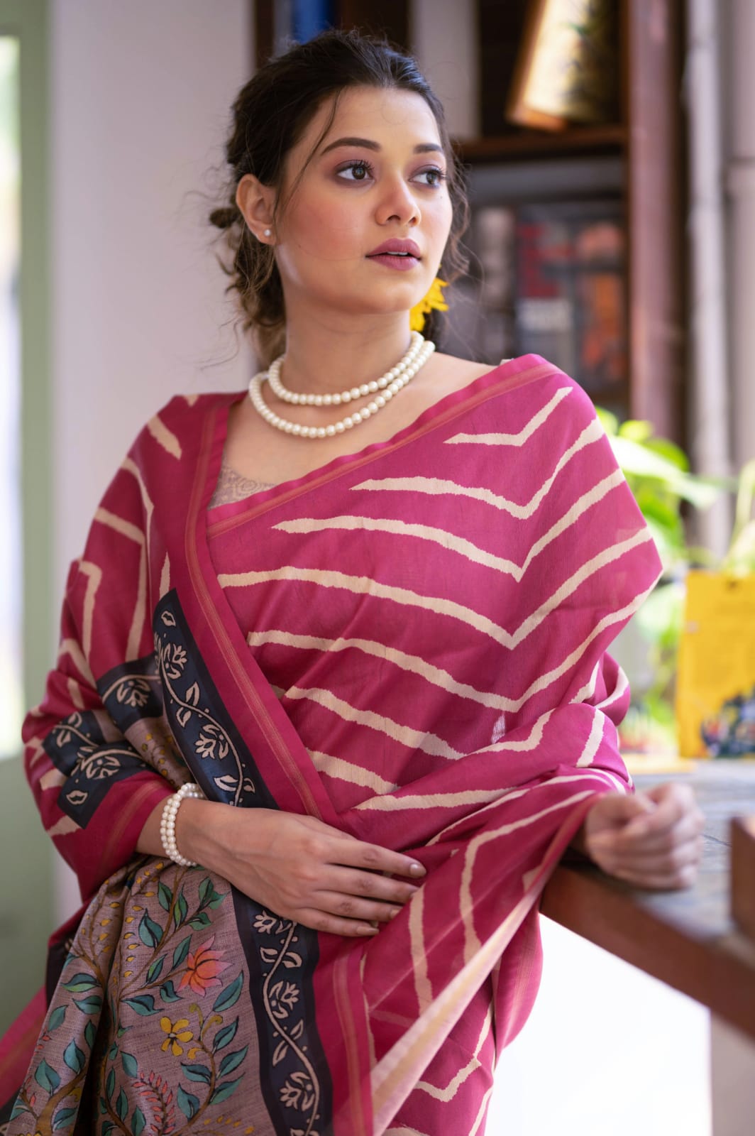 Rani Laheriya Saree With Kalamkari Peacock Pallu