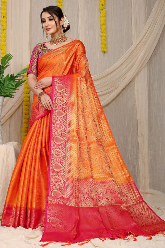 Orange Pure Soft Silk Saree With Hand dying Soft Luxurious Fabric.