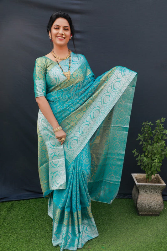 Sky Blue Beautiful Kanchipuram Pure silk handloom saree with Pure Zari