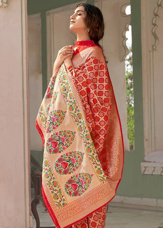 Red Soft Silk Bandhani Saree With Pure Jari Work