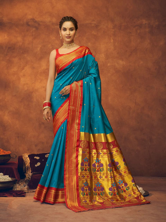 Teal Beautiful Rahi Paithani Saree With Jari Work