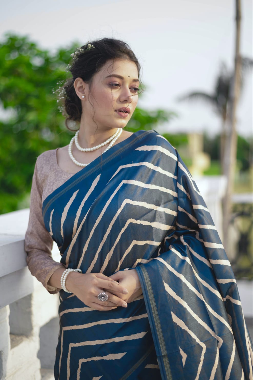 Blue Laheriya Saree With Kalamkari Peacock Pallu