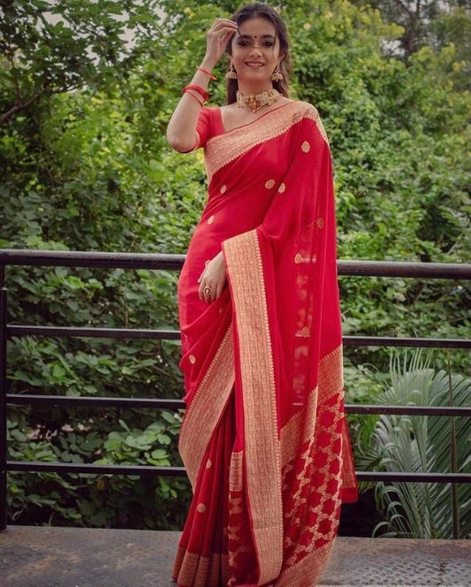 Ruby Banarasi Saree With Lichi Silk Fab