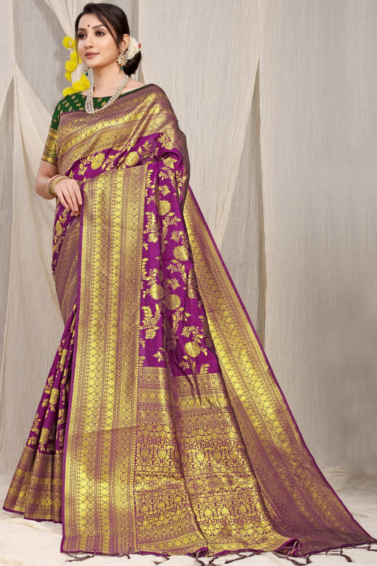 Purple Pure silk saree with gold Jari weaving work