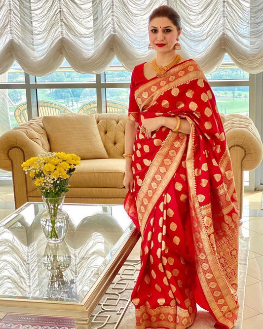 Red Banarasi Saree With Lichi Silk Fab