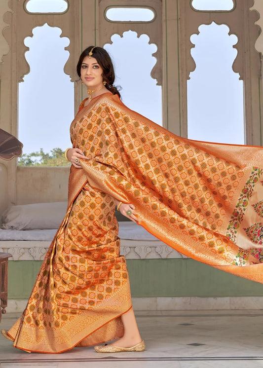 Orange Soft Silk Bandhani Saree With Pure Jari Work