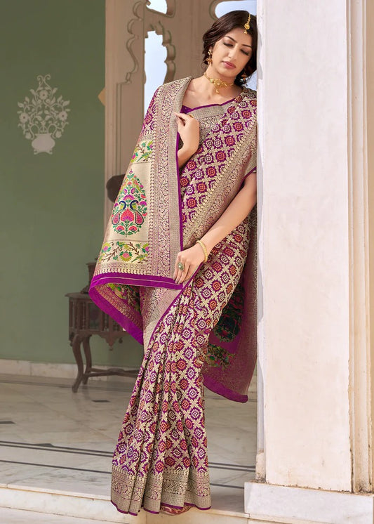 Maroon Soft Silk Bandhani Saree With Pure Jari Work