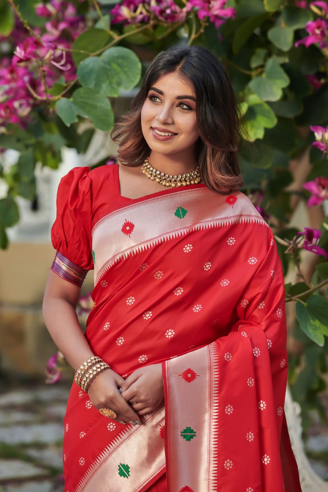 Bride Red Banarasi Tussar Silk Paithani Saree