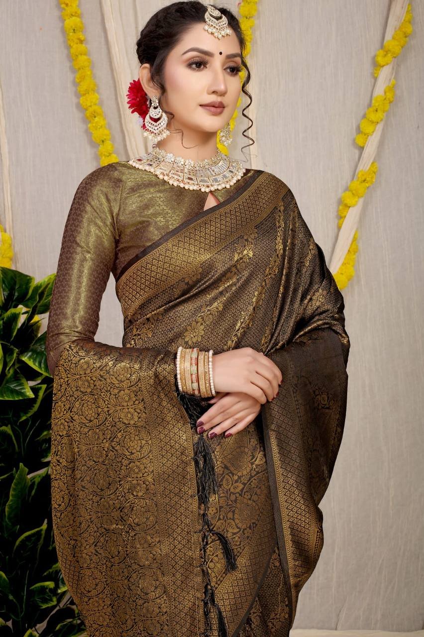 Brown Bridal Kanchipuram Silk Sarees In Pure Gold Zari