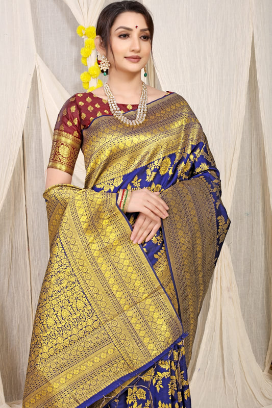 Blue Pure silk saree with gold Jari weaving work