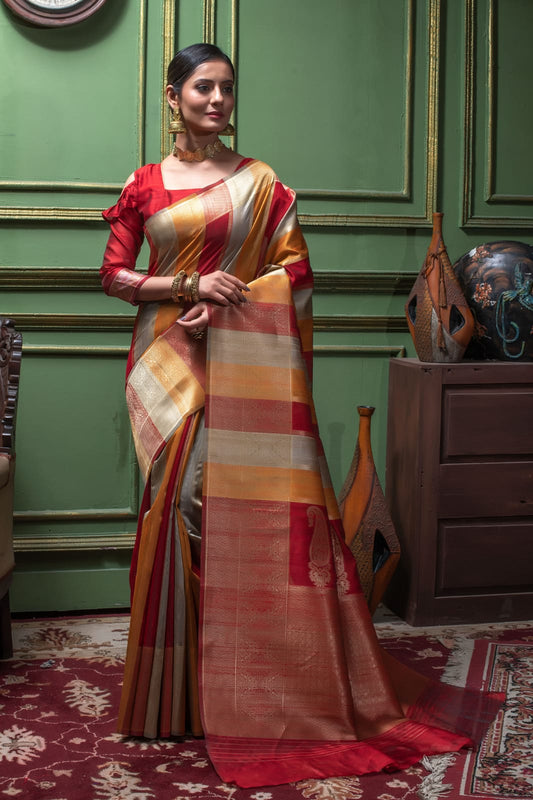 Red Tussar Silk Saree with unique Bishnoi broad Border