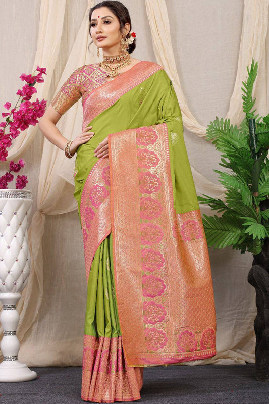 Light Green Pure Silk With gold Jari and Meena work Kanchipuram Saree